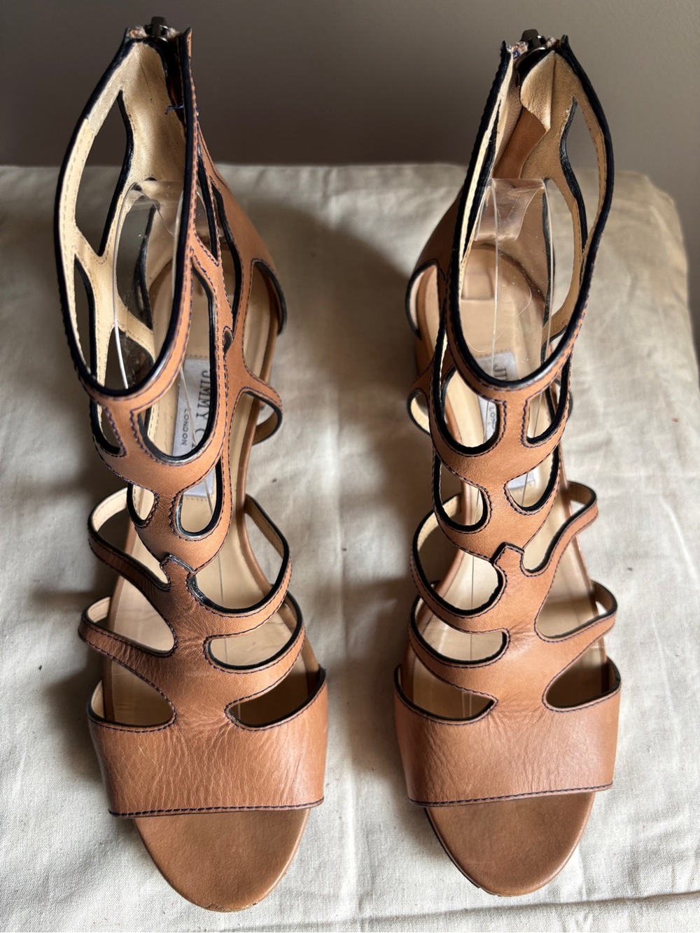 Jimmy Choo Ren 35 Gladiator Cage Sandals Tan Leather Block Heel EU 41 US 10
